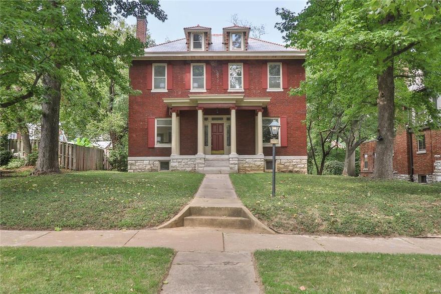 Not every day does a house become available on this coveted block of Kingsbury Blvd in University City. A broad boulevard with deep front yards, large backyards, gorgeous architecture and just a minute to Flynn Elementary - this is a sought after address. Enter this stately Manse with columned front porch to find 4000+SF of living space on 3 floors with grand sized rooms, tall ceilings and hardwood floors that flow throughout. The formal rooms open to a large family room, an updated eat-in kitchen with 42" cherry cabinets, granite counters, double oven & gas cook-top, wine storage and access to the powder room. Completing the first floor is a 3-season room off of the family room with exit to the deck. Upstairs are 4 large bedrooms, two updated baths and a 3rd floor that can be used as a bedroom, office, playroom or studio. Outdoors is a stone patio, large level yard and 2-car detached garage. Walk everywhere! Metrolink, Washington U, great food & nearby parks and schools.