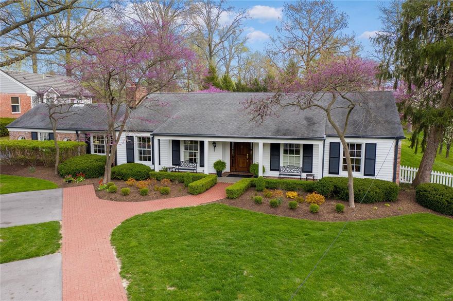 If your home needs to be all things – a sanctuary for graceful living, space for home offices & entertaining – w/an easy commute to I-64, you will love this home. Positioned in the heart of Ladue & a stone’s throw from Reed Elem, this ranch is compelling.  The entry opens to a LR where plantation shutters, millwork & fireplace provides the perfect backdrop for living. The DR offers a view of the patio, pool & parklike backyard. The updated kitchen is stylish & functional. Quartz counters, tiled backsplash & breakfast bar make this the heart-of-the home. Access to the patio & pool is ideal for outdoor entertaining. A master suite includes a luxurious bath & walk in closet. The master bedroom’s French doors open to the courtyard patio & pool. Home also includes 3 additional bedrooms, one en-suite, & 3 additional full baths. Family rm, study & laundry rm completes the main. The LL offers a rec. room, 1/2-bath, bonus rm & storage. 3 Garages, inground pool & majestic setting. Move-in ready.