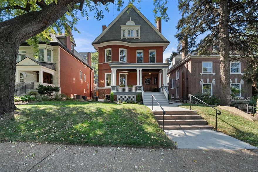 Stunning restoration of century home just footsteps to Euclid Ave. & BJC Med Complex. NO expense was spared, METICULOUSLY restored woodwork, new hardwood flrs. thru-out, spacious entry foyer w/ frplc. & built-in bench, formal LR w/ curved windows, frplc, pocket doors, 10' ceilings, incredible millwork, formal DR / frplc., a truly epicurean kitchen w/ high-end appliances, 8' x 4' island seats 4/5, full size, side x side fridge & freezer, ILVE gas range w/ 5 burners, w/ pot filler, custom Trade Wind hood vent, Ruvati SS farm sink, walk-in pantry, calcutta gold backsplash & Bosch DW. Architecturally significant stair case w/ stained glass windows ascends to 2nd & 3rd floors. Palatial primary suite w/ large sitting room & original built-in bookshelves w/ leaded glass doors. Spa-like ensuite bath w/ dbl. bowl vanity, soaking tub & walk-in shower w/ frameless glass doors + huge walk in closet. 3rd flr. fam. rm. features kitchenette. Total of 5/6 bdrms, finished LL w/ powder rm + 2 car garage