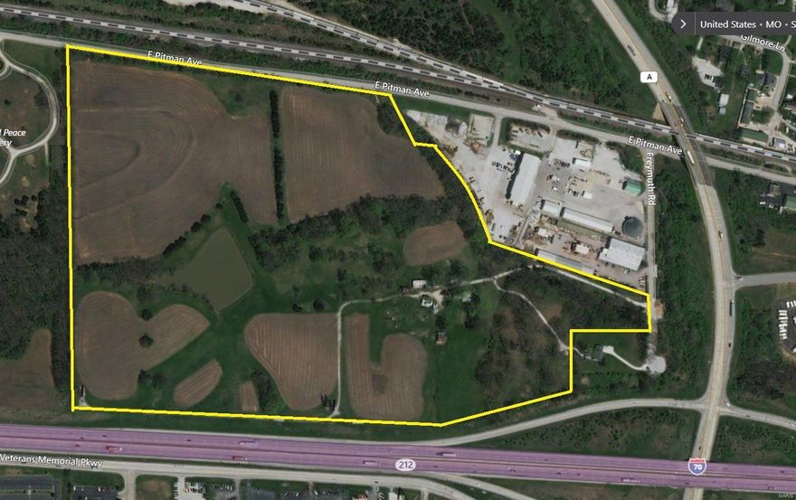 Prime property located at the intersection of I70 and Hwy A interchange in Wentzville. Located just over 1 mile to General Motors plant. Totaling 63+/- acres of gently rolling ground with a lake on site. This is a great piece for a large user or for an industrial or commercial business park. The property currently has 2 income producing billboard signs. 12-inch water main on E Pitman and 4-inch pressurized sewer main on E Pitman (lift station will be required). The property has 2400 feet of frontage on I70. I70 has over 75,000 vehicles per day. Located in the city limits of fast-growing Wentzville. Located just East of the new 43-acre campus for Urshan College. Location: City, High Traffic, Hwy/Interstate Frntg, Industrial Area