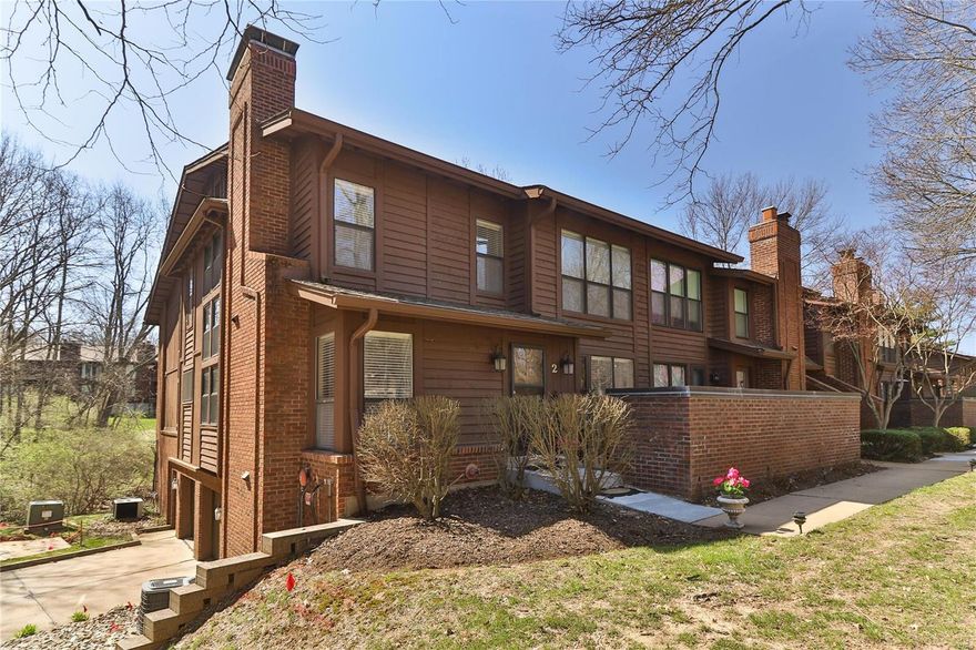 Lovely 2 bed 2 bath END UNIT condo with private entry in award winning Kirkwood schools!  As you enter, you will love the spacious living room/dining room combo with wood burning fireplace.  Updated kitchen featuring stainless steel appliances, solid surface counters, and ceramic tile flooring.  Main floor master suite walks out to private outdoor patio...great for grilling!  Master bath features separate shower & soaking tub, double sinks.  Upstairs boasts large bedroom/office, full bath, and family room with second wood burning fireplace.  Main floor laundry.  Condo also features a partial basement (great for storage) that walks out to underground parking with 2 assigned parking spaces.  Plenty of additional parking out front for guests.  Pool & clubhouse for summertime fun!  Outstanding location close to shopping, restaurants, and highways. Location: End Unit, Ground Level