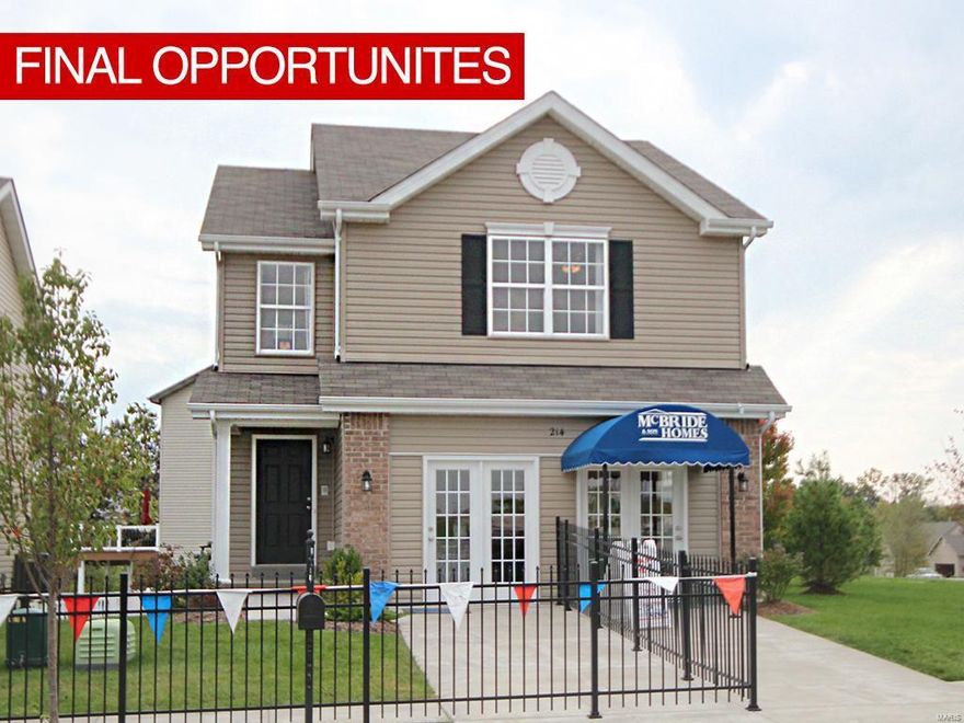 DISPLAY HOME FOR SALE!  3 BEDROOM, 2.5 BATH BURLINGTON COTTAGE HOME, POWDER ROOM ON MAIN FLOOR,  WALK-OUT BASEMENT WITH 1/2 BATH ROUGH, 2ND FLOOR LAUNDRY, STAINLESS STEEL APPLIANCES, COUNTERTOP EXTENSION, BRUSHED NICKEL LIGHTING PACKAGE, UPGRADED CABINETS THROUGHOUT, WHITE 6 PANEL DOORS & TRIM, WIRE & BRACE CEILING FANS IN BEDROOMS & LIVING ROOM,  LUXURY MASTER BATH WITH SEPARATE TUB AND SHOWER,  2 WALK-IN CLOSETS IN MASTER SUITE PLUS THE MCBRIDE VALUE PACKAGE.  Amazing location just minutes from Hwy 40 & 70, tons of shopping -  restaurants, entertainment, MasterCard, Citi, Chesterfield Valley & more.