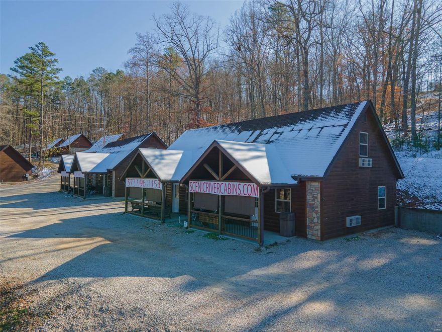 EXCELLENT INVESTMENT, adding value to both your lifestyle and your financial portfolio! Have the flexibility of having access to a cozy vacation home whenever you want, while your investment yields a profit! Picturesque location just minutes from the gorgeous Current River in the heart of MO and a short drive to Big Springs National Park and many other Ozark National Scenic Riverways parks. NOT ONLY a perfect location, but this sale includes 8 fully furnished cozy cabins! Charming wood accent throughout accentuating that rustic cabin feel! 2 Duplexes & 1 large cabin feature 2 bedrooms/2 full bathrooms. The remaining duplex units offer a queen bed with sleeping quarters upstairs. The 3 newer cabins have one bedroom with a charming loft with queen sized bed and one bathroom. All of the cabins offer a kitchen, stackable washer/dryer, TVs, outdoor grills and seating, and a large community fire pit with seating for guests to enjoy! INCOME-PRODUCING, GREAT LOCATION, LIFESTYLE FLEXIBILITY!