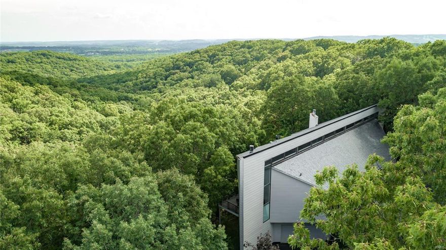 Contemporary home designed by the award-winning Gray Design Group. The home sits on 3+ acres & has extraordinary views of the Meramec River Valley & surrounding hills. The street is private & the property has a circular drive highlighted with a 16’ fountain wall & sculpture near the front entry. As you enter the home you will be impressed with the open floor plan, 28’ vaulted ceiling & four decks- each with breathtaking views. Designer gourmet kitchen with 16' long quartz island with waterfall edge, 4-door Bosch fridge, walk-in pantry, custom cabinetry, Bosch induction stovetop & backlit wine storage cabinet. Dining room with see-through wood-burning fireplace to the living room which has a wall of floor to ceiling windows. Master suite with 28’ high vaulted ceiling & fireplace. The master bath features granite counters, double Jacuzzi tub & makeup vanity. Media room. The lower level is a walk-out featuring a wall of windows, gym & recreation room. Excellent Rockwood School District.