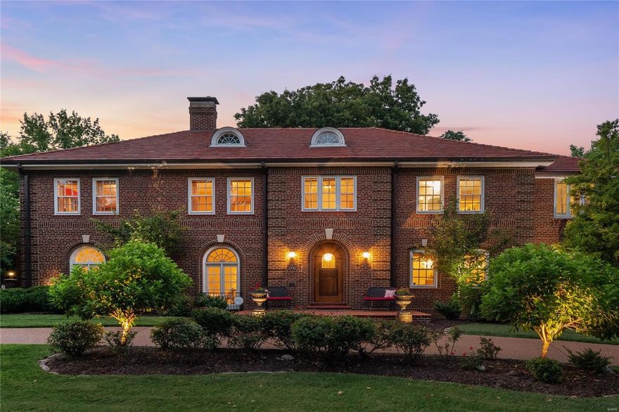 Not often does a home of such elegance and beauty become available on one of the most distinguished streets in St. Louis. From the moment you see the house, you will notice the beautiful front exterior, stunning mature landscaping, & 1905 original street clock. This home features 4,927 square feet of Italian Renaissance architectural appointments including: the timeless stucco, mahogany doors, terrazzo floors, arched doorways, historic moldings, impressive formal living room, grand dining room, a cook's dream kitchen with breakfast room, office w/ custom built-ins, a sitting room & half bath.  The 2nd floor has a master suite featuring a dressing room and bath. There are five additional bedrooms, two full baths, laundry room, and an office/family room that completes the 2nd floor. The perfect outdoor entertaining space unfolds with a picturesque view of the backyard featuring a pool, waterfall, tennis court, fully enclosed pool house, multiple patios & lush gardens. Additional Rooms: Wine Cellar COOL: 14 SEER+
