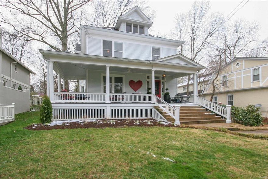 Quintessential Webster Groves 2 1/2 story w/over-sized wrap-around porch overlooks 4th of July parade route, is walking distance to the best restaurants/shops & set on an almost 1/2 acre lot. High ceilings,hardwood floors,thoughtful updates & unmatched natural light everywhere! The main floor boasts large open spaces w/excellent flow for entertaining. The kitchen features custom cabinetry,high-end appliances,marble counter/island & is wide open to a hearth room w/cast concrete fireplace & built-in desk. Vintage lighting & door hardware throughout. Front & rear staircase w/wall of windows floods more natural light to the 2nd floor. Gorgeous master suite w/large walk-in custom closet & a jaw-dropping bathroom w/heated tiled floor,subway tile,frameless glass shower,air-jetted tub & marble vanity w/double sinks. 2nd flr laundry! Large bedrooms - 2 w/walk-in closets, 1 w/bay window & 1 w/built-in bunks. 3rd flr has roomy den,5th bedroom & new wet-bar/full bath. Rare Webster opportunity!!