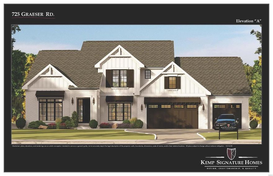 Captivating, Modern Farmhouse front elevation w/white painted brick and black windows, trim accents, & board/batten siding. Construction on this Kemp Signature Home is now under construction. LIMITED OPPORTUNITY to make certain interior finish selections with our designer. Uniquely private lot on a nearly 1 acre lot in Ladue Schools has over 400' of depth lending itself for your oasis/outdoor living imagination. Pool? Organic vegetable garden to make friends w/ your new neighbors? 3 car garage w/ carriage style doors. Main level owner's suite. Great Room w/ 11' ceilings. Open floor plan w/ kitchen & breakfast room opens to vaulted hearth room. Fireplace features wood mantle & ship lap surround. Main floor living space opens to expansive covered deck ideal for entertaining and outdoor grilling. Second floor features 3 en-suite baths + loft included at this price. Option to finish walkout lower level presents a great opportunity for add'l bedroom & living space. Additional Rooms: Mud Room