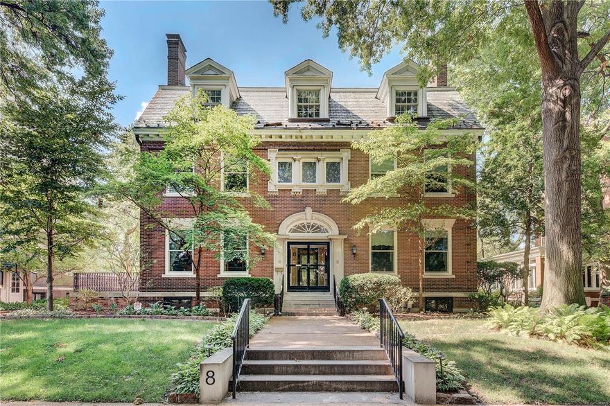8 Hortense Place is a distinguished, traditional home on one of the most coveted streets in STL’s premier CWE neighborhood, just steps from entertainment & blocks from Forest Park. Built in 1901, this meticulously maintained home offers 7308 sq feet of well-appointed living spaces. As you enter, you are welcomed by an expansive foyer, flanked by a library, dining room & living room. Living spaces are equipped w/ glass French Doors perfect for entertaining or privacy. Upstairs you will find six bedrooms, as well as a distinctive entertaining/family room on the 3rd level. Outside, a renovated back porch leads to a brick patio & detached two-car garage. Sellers renovated the framework of the home as well as a number of recent updates: new gas log sets/burners to the library & dining room, Ring security, repaired sewer lateral, & installed an automatic water valve shut off to name a few. Take advantage of this unique opportunity to update the buyer’s taste and create substantial equity. Additional Rooms: Sun Room