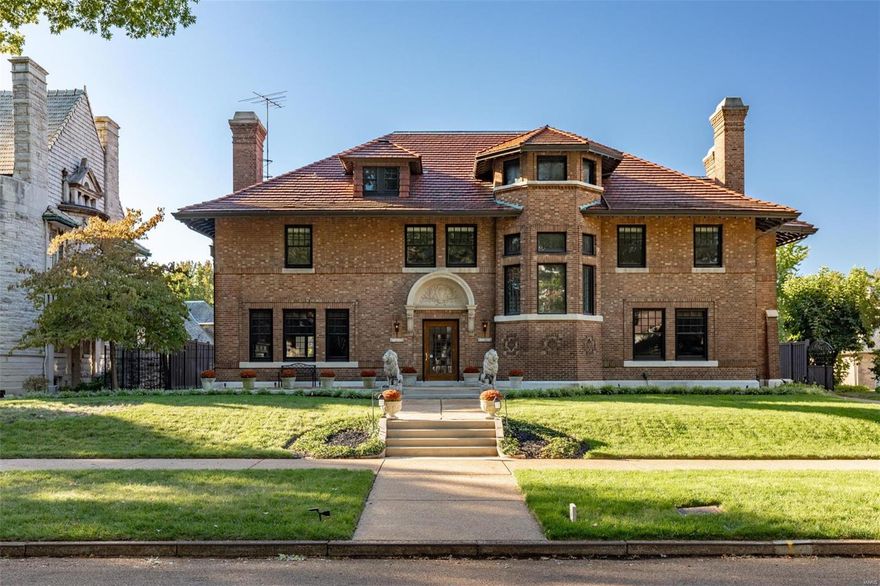 Elegance and gracious spaces make up this historic home on one of St. Louis’ finest streets. Recently the home has undergone a complete modernization while preserving the home’s superb architecture. The foyer features marble floors & an ornate ceiling. The kitchen is new & expanded featuring quartz counters, custom cabinets & Thermador appliances: 66” refrigerator, dual-zone wine fridge, 8-burner range & dishwasher. Elegant dining room with fireplace and French doors that lead to the backyard. The living room has wood paneling & a fireplace. Cozy den off of the foyer with fireplace. Bright sunroom. The 1,000 sqf master suite is a dream with his & her walk-in closets with built-ins and a luxury bath with freestanding tub & large glass enclosed double shower. You will appreciate the coffee & wine kitchen with a dishwasher & microwave. Architectural pool. Oversized 2 car carriage home with an updated 2-bed apartment featuring a new kitchen and bath. Fenced backyard & gated drive. Additional Rooms: Mud Room