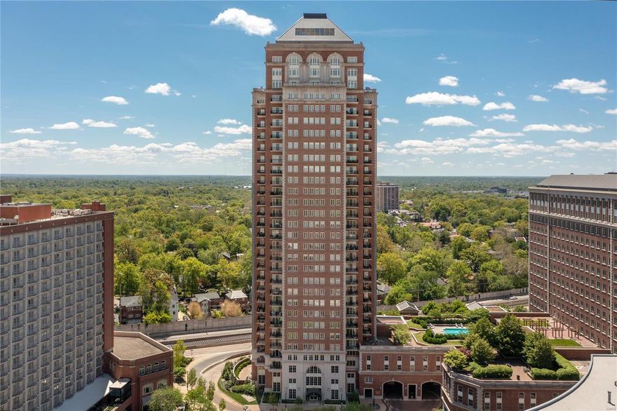 Sophisticated one level living at it’s finest in the prestigious Plaza in Clayton! Absolutely stunning 15th floor condo boasts spectacular views to the east of the Arch & to the south. The fabulous flowing floor plan features a large living room w/sliding doors to the 2 terraces. The Dining Room opens to Family Room w/newer color changing fireplace & sliding doors to one of the 2 terraces. Dining Room & Family Room also open to Kitchen w/custom cabinetry, granite counters, stainless appliances, breakfast bar, coffee bar, dry bar, breakfast area. Spacious Primary Bedroom Suite offers built-ins: bed, night stands, bookcases, newer color changing fireplace, 2 walk-in closets. Primary Bath: double sinks, dressing table, stall shower, walk-in closet. Sitting Room w/built-in bookcase. There are 2 additional bedroom suites, one used as  home office w/built-in desk, Powder Room, & Laundry Rm. Surround sound system. Plaza amenities:doorman, valet parking, party rm, exercise rm, pool, dog park. Location: Corner Location