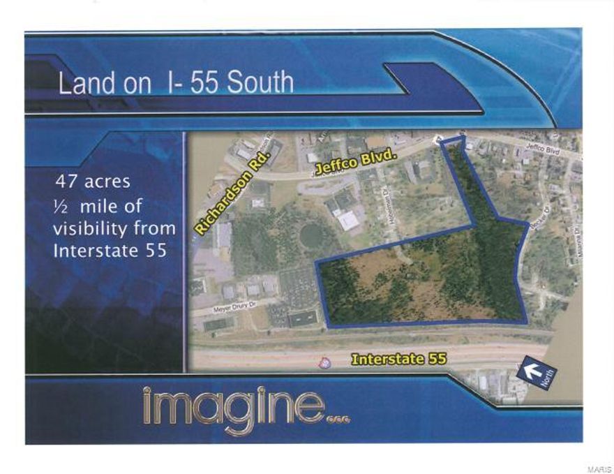32 Acres in the heart of a high traffic area. 1600+ Ft frontage of Interstate 55 visibility. Currently zoned residential but selling as commercial or multi family use. Not in the city limits but right on the edge of it. Can be incorporated into city limits or not. Sits next to Convergys on I-55.  A additional 15 acres to make it a total of 47 acres is for sale at a additional cost of $1.5million. This includes the access in off of Hwy 67. There has been a lot of work and test already performed that will be conveyed to the new buyer. Work already done is: Phase 1 environmental completed, Cost study for site elevation work, utilities study and location completed, traffic study completed, plans for commercial development completed and soil test completed. Location: City, High Traffic, Hwy/Interstate Frntg, Retail Center