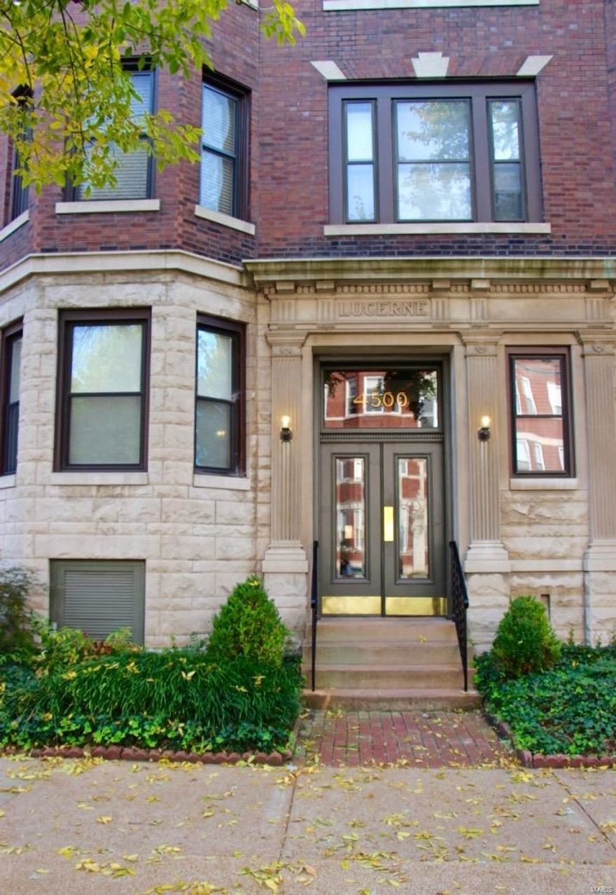Available late-May/early-June. Outstanding, historic, top-level condo offers a uniquely brilliant swirl of modern comforts & architectural beauty: ornate millwork, crown molding, 9' ceilings, gated parking, & in-unit laundry. Natural light & foliage surrounding this corner unit create a private oasis. Master bedroom offers double closets, a sitting area, 4 windows, & gas fireplace. 2nd bedroom also has double closets & oversized bay window. Large livingroom has a 2nd gas fireplace, can lights, columns, & another bay window. Formal dining room can easily be used as an office or additional sleeping area. Granite countertops, under-mount lighting, newer appliances, pantry, & access to the rear balcony complete the updated kitchen. Blocks from Euclid, Forest Park, Wash U, SLU, Barnes, Metrolink, & tons of shops & restaurants. Agent-owner. $45 app fee/adult (18+). Must meet qualifications. Security deposit equal to 1 month of lease rate. Pets negotiable. Minimum 1yr lease. No smoking. Location: City, Corner Location, End Unit, Upper Level
