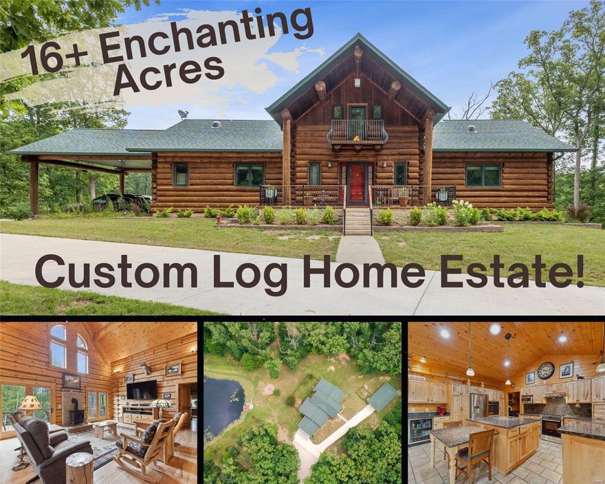 Enchanting Custom Log Home On 16.81 Beautiful Wooded Acres! This 4-bedrm home has over 5400 sq ft of rustic luxury living! The wonderful home's foyer greets you with a formal dining area, opening to the huge great rm w/ 13 ft walls & cathedral ceiling! A 400 sq ft loft area overlooks the great rm & features a balcony over the front porch! Gourmet kitchen has solid Hickory cabinets, granite counters, huge center island with prep sink, built in oven & coffee bar w/ undercabinet Fridge. Main floor master bedrm has his & hers closets, separate sitting rm w/ direct access to screened porch plus luxury bath w/ freestanding bubble tub! The 2nd bedrm ensuite has a no-threshold shower! Finished walkout lower level features a family rm, 2 bedrms, full bath, plus a log trimmed wet bar! Walk out to 68 X 12 covered patio, wrought iron fenced yard & stone firepit! Other features include a 4-car detached garage, 2 stall log carport plus half acre pond & trails! Seller to provide 1 year Home Warranty! Additional Rooms: Mud Room