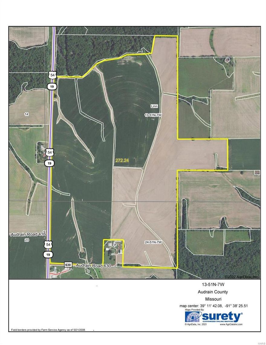 270 Acres Audrain - This tract is virtually all open, tile terraced and ready for crop production, The farm is open for the 2022 crop year. The only portion that is not being cropped is a couple of waterways. FSA Office shows 259.72 acres as tillable. Has frontage and access off Highway 54/19 along the entire west side and ACR 630 frontage along the southwest corner. This is a limited time offer until the crops go in. Price $12,900/acre.