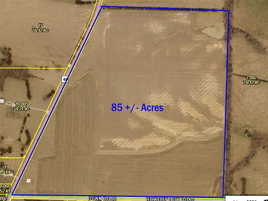 This property is located just North of Hwy 70 on State Hwy 47 at the corner of Hwy 47 and Hickory Lick. There is approximately 85+/- acres,  City utilities are on the south side of Hickory Lick. Currently the property is in crops, 71 acres is tillable. Warren County has property in 3 different parcels. There is a small outbuilding.