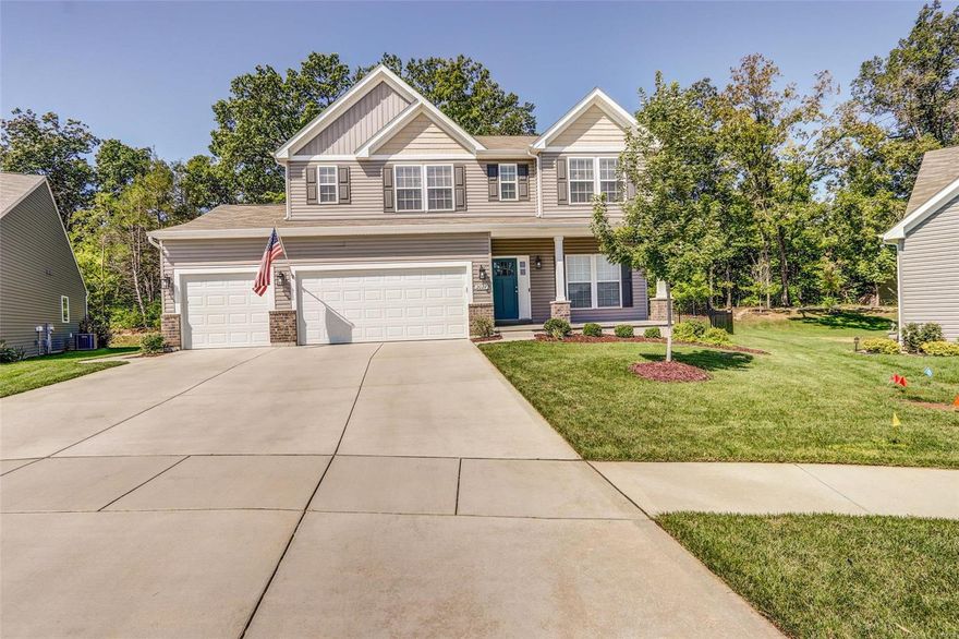 2 years new, all upgraded finishes! Located on a quiet cul-de-sac off convenient Hwy N in Wyndgate Meadows. Luxury and sophistication welcome you home. Wood floors/classic finishes lay the foundation for your personal touches. Spacious, living/dining/kitchen with a den/separate dinning room on the 1st floor. Off the kitchen/living space is a bright entry to the spacious patio and an additional outdoor living space. The back yard overlooks common ground trees, is enclosed with an iron fence for your pets and/or children to run free. Upstairs are 3 very large spacious bedrooms with walk in closets and the bonus room. The master suite with space for your king size furnishings leads to a beautiful en suit with separate tub/shower and dual sinks. The upstairs laundry is just steps away. Other high end amenities are: sprinkler system, security system, 9 ft pour basement with egress window, roughed in bath, framed and ready for your finish. Oversized 3 car garage. Washer/Dryer/Refrig. stay.