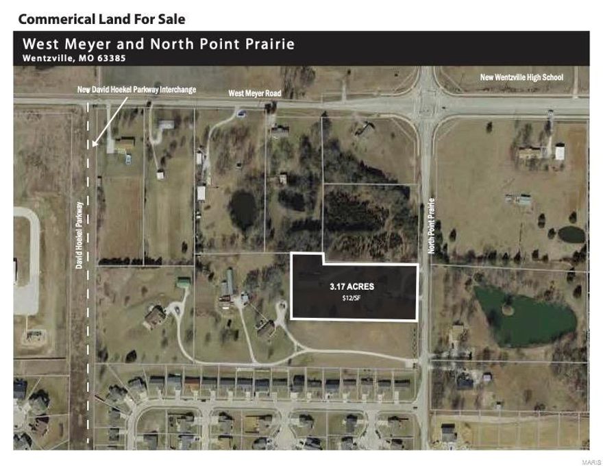 3.17 acre tract of land located near the future intersection of West Meyer & David Hoekel Parkway. Property is currently unincorporated however is in City of Wentzville's Comprehensive Plan for C-2 General Commercial District that may allow for general retail, ambulance service, car sales, automobile service, banks, catering, convenience store or food shop, data processing or office space, daycare, department store, exercise facility, hospital or medical clinic, hotel, landscaping service, restaurant, schools, grocery, theater, business park & more conditional uses at City of Wentzville Comprehensive Plan for more details. Water & sewer utilities are across the street. New Wentzville High School being built across intersection on West Meyer & North Point Prairie. David Hoekel Parkway is in Phase II & projected to be completed by 2023. Wentzville is one of the fastest growing areas in the region & this intersection offer prime location. Additional acreage available, call for details. Location: High Traffic, Suburban