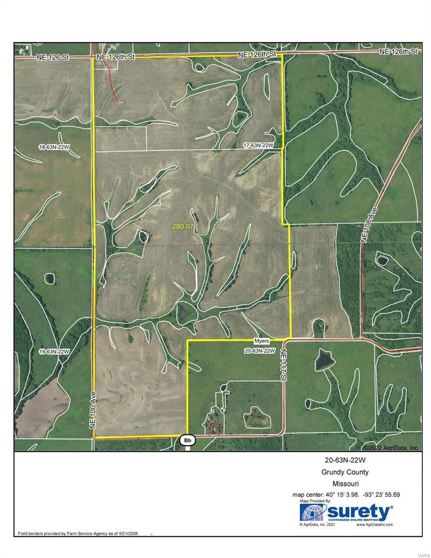 280 acres Grundy - 280 Acres with 238 Tillable. Gently rolling partially terraced hill farm. Current tenant had cover crops in place and it was planted in soybeans. Owner has a 3 year lease in place paying $210 per tillable acre. $5197/acre. Subject to final survey.