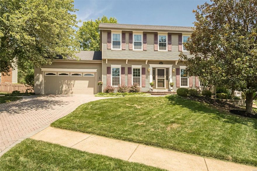 Situated on a beautiful tree-lined street, this lovely 4 bedroom, 2 story will make your dreams come true. All the amenities of sought after Lake Chesterfield. Enter into lovely porcelain entry with gorgeous hardwood floors in living room, dining room and partially in family room where there is an insert of carpet. Family room has lots of windows, beautiful custom book shelves and fireplace. Beautifully updated kitchen with custom cabinets. Opens to maintenance free composite deck with pergola overhead and retractable awning. Yard is most desirable with flat play area and fenced in for children or pets. Upstairs has 3 additional bedrooms. Master bedroom suite is huge with some extra square footage in offsets. Luxury bath with tub and shower, double sinks. 9' ceilings on main level and vaulted ceiling in MBR, 6 panel doors throughout. Tax record incorrect on sq footage. Newer windows Amenities include 3 pools, clubhouse, fitness area, lakes, tennis, and pickle ball.