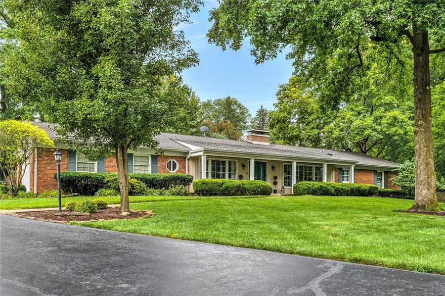 This sprawling ranch situated on a 1-acre lot with beautiful yard & pool on this prestigious lane in Ladue is just waiting for you!  Meticulously maintained, this 3-bedroom, 2-bath home has been thoughtfully upgraded with an array of modern amenities. Step inside & discover the bright open floor plan with formal living & dining room setting the scene for gatherings large & small.  The stunning eat-in chef's kitchen with a sunny breakfast room leads to your outdoor oasis.  Open the sliding doors in your family room to reveal a tranquil terrace & private saltwater pool area, perfect for outdoor relaxation & entertaining blended with the harmonious sounds of newly installed outdoor speakers.  The family room complete w/wood-burning fireplace, built-in bookcases, &  wall of windows will be your favorite spot on cozy winter nights. This gem is conveniently located along the central corridor for shopping, dining, entertainment, & more! One year home warranty included for buyer.