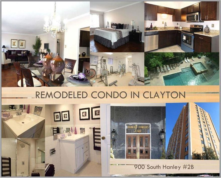 *BEAUTIFULLY REMODELED CONDO AT DESIRABLE HANLEY TOWERS *
Freshly painted interior, refinished hardwood floor, crown moldings, six panel doors. Renovate Bathroom with new vanities & fixtures. Remodeled Kitchen with brand new stainless steel appliances, granite counter, new cabinets & new flooring tiles. GREAT FLOOR PLAN - Spacious Living/Dining combo, enclosed kitchen with breakfast room, large bedroom & lot of closet space. GREAT AMENITIES -  There is a 24/7 doorman, a garage attendant, car wash bay, garage parking, on-site property manager, a club room, workout room, heated pool (open from mid-May thru mid-October), BBQ & patio area, dog park, & roof-top viewing area. Heating & Cooling & other utilities, included in Condo Fee. Garage parking is extra $49 per month per space. GREAT LOCATION - just minutes away from everything Clayton has to offer. Location: City, Interior Unit, Suburban