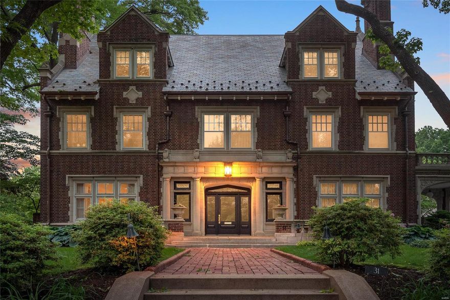 This extremely well appointed & maintained home was commission in 1912 by Bertha Drake Scott. The home is a perfect example of Jacobethan Revival architecture from the firm of Mauran, Russell & Crowell. Gracious, bifurcated staircase greets you in this light-filled foyer, 10' ceilings on the 1st floor. Elegant formal LR w/wet bar, built-ins & frplc opens to sunroom that adjoins the formal terrace & 20' x 40' pool. Stately library w/ built-ins, frplc. & french doors lead to stone terrace. Elegant dining room w/ large curved window, built-ins & frplc.,PALATIAL butler's pantry w/ warming drawer, wine chiller, inset cabinets & polished wood counter tops. Large, updated kitchen w/ center island, inset cabinets, granite counter tops, coffered ceiling, Wolf, Decor & Subzero appliances.  Adjoining FR opens to covered brick terrace + breakfast nook seats 8.  4+bdrms on 2nd flr. each with bath. Primary bdrm has newer bath w/ large walk-in shower, 2 vanities, marble finishes, 2 dressing rooms. Additional Rooms: Mud Room, Sun Room