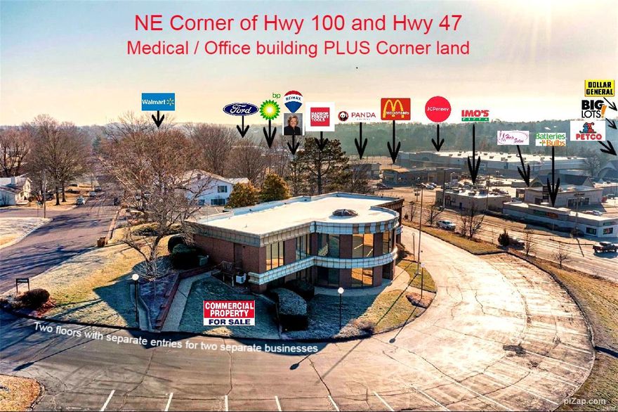 NE Corner Hwy 100 and Hwy 47.  Medical/office building - Commercial  1080 Caroline, Washington, MO 

       NEW PRICE
Property being offered below Appraised Price 
  
*Highest visibility Medical Building / Business Offices atop busiest intersection of Washington, Missouri located at the NE corner of                  
    Hwy 100 & Hwy 47.
  *Two floors set up for two separate businesses with separate entries. You could use one office and rent the other office for rental 
    income which could go towards your mortgage payment.
  *Ample parking with circular driveway.
  *adjoining ground included in price which may be developed
  *Interior has been newly refreshed and  painting in July 2024.

  *Zoned C2 Commercial. Location: High Traffic
