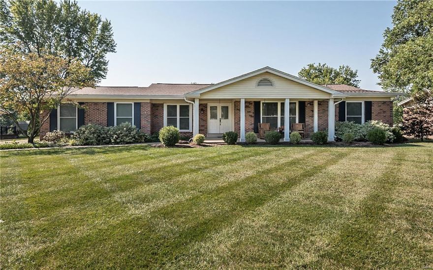 Renovated to Perfection! The curb appeal sets the tone for this extraordinary all brick ranch situated in sought after subd of Claymont.  Backing to Ballwin Golf Course & open common ground w/ picturesque views from pleasant patio. New roof & gutters, HVAC, front windows, electrical systems, lighting & more. Gleaming hardwood flooring, new interior/exterior doors & millwork  throughout this 2200+sf beauty. A smart, modern & open floor plan offers decadent dining rm accented w/ wainscoting & sophisticated living rm.  Vaulted great rm w/ gas fireplace, dry bar & French doors leading to newly landscaped back yard. Dream island kitchen features granite, custom cabs w/ pull-out's, SS appl., subway tile & backsplash + brkfst bar.3 spacious BR's, including mstr suite retreat w/ 3 large closets, full bth & main floor laundry. Unfin lower level awaits your finishing touches. 2 car rear entry & freshly painted interior. Rockwood School District.Nestled on 1/4ac+acres w/ unsurpassed value! HURRY!