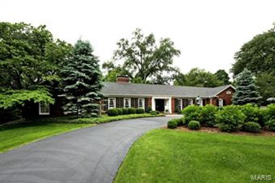 Gorgeous Higginbotham built, all brick ranch home on 1.4 park-like private acres in prestigious Bellerive Country Club Grounds in Town & Country. The large open foyer welcomes you into this impeccably maintained home offering 3,425 sq ft of living space and 3-car garage. Solid hardwood floors in dining, living and family rooms & in the updated kitchen w/ custom cabinetry, granite counters, top of the line appliances, center island & bay window overlooking the private, manicured grounds. The spacious FR w/ wet bar & brick floor to ceiling wood burning fireplace is the perfect spot for entertaining.  There are 4 generous sized bedrooms including the master suite with large tub and large walk-in closets. The lower level offers a 2nd family room, sitting room and another full bath.  The private, professionally landscaped yard and custom brick patio set the perfect stage for outdoor gatherings big or small.  Alarm system, sprinkler system, newer roof and HVAC. Call the Movers!