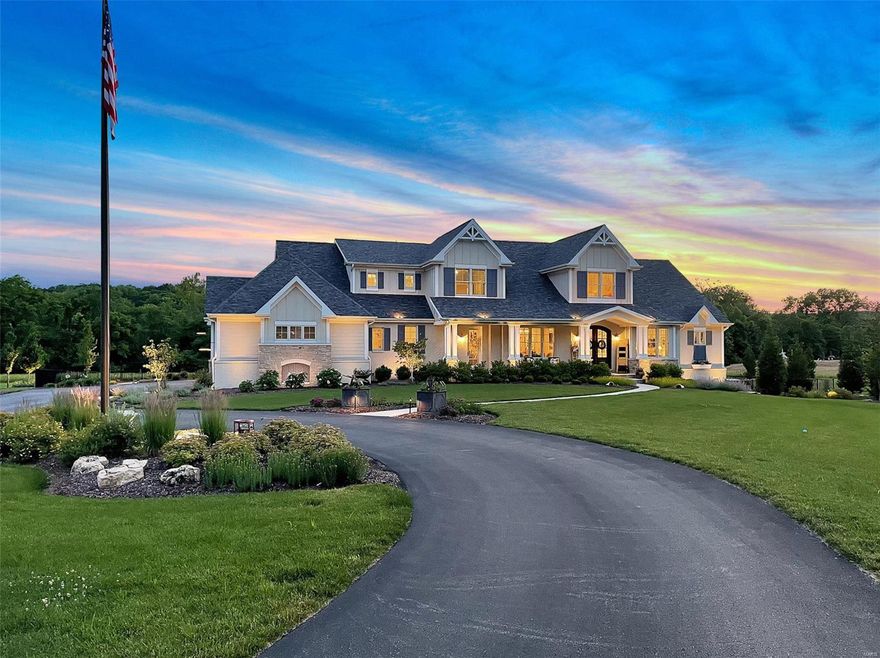 Stunning! Exquisite! Perfection! – all apply! Custom-built Flower Home under 4yrs old; 7.5+ level acres; covered front porch; lush prof. landscaping; horses allowed; Rockwood Schools! 1.5-story w/ approx. 5,500 SF quality FLA. Open floor plan: hearth rm, gourmet kitchen, breakfast rm; vaulted w/ beams; stone gas frplc; built-in bookshelves/cabinets; wall of windows, gorgeous views; 48” six-burner/2 oven gas stove, SS MWv, panel ready refrig/DW/ice maker; butler’s pantry, glass-front cabinets; PERFECT for entertaining! Separate LR/DR;  Two MFlr BRs – large MBR w/ tray ceiling, luxury bath, his/her walk-ins; MFlr guest suite, laundry, locker rm; 3 upper BR suites. LL rec. room w/ walk out, kitchenette, full bath, exercise room; Baker pebble finish pool w/ waterfalls, fire pit, BBQ center; retractable screen porch, wall TV, gas frplc; 4-car side-entry gar/workshop; Hardie Board siding/brick/stone; circle drive, flagpole. Close to Babler/shopping/restaurants. See descriptions under photos. Additional Rooms: Mud Room COOL: 14 SEER+