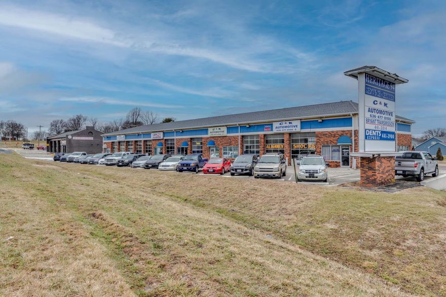 Located in the vibrant city of St. Charles, Missouri, Heritage 94 Service Center is a two building retail complex catering to the high demand automotive industry. This property offers a unique opportunity to own a fully operational automotive retail center in a well established commercial corridor. The property is situated on a 1.07 acre lot with a strong tenant mix, updated infrastructure, and consistent income streams. Roof replacements completed in 2021 for both buildings. All units include a reception/office area and a mezzanine within the garage space. Staggered five year leases. Total current monthly income: $9,865/month (118,380 annualized). Diverse tenant mix consists of motorcycle and automotive repair, maintenance, and detailing services.

Ideal tenants include: Tire & Wheel Shop, Transmission Repair, Auto Glass, Performance & Customization, Muffler & Exhaust, Upholstery & Interior Repair, Audio & Electronics, Car Wraps & Graphics. Great owner/user opportunity. Location: Corner Location, High Traffic, Hwy/Interstate Frntg, Retail Center