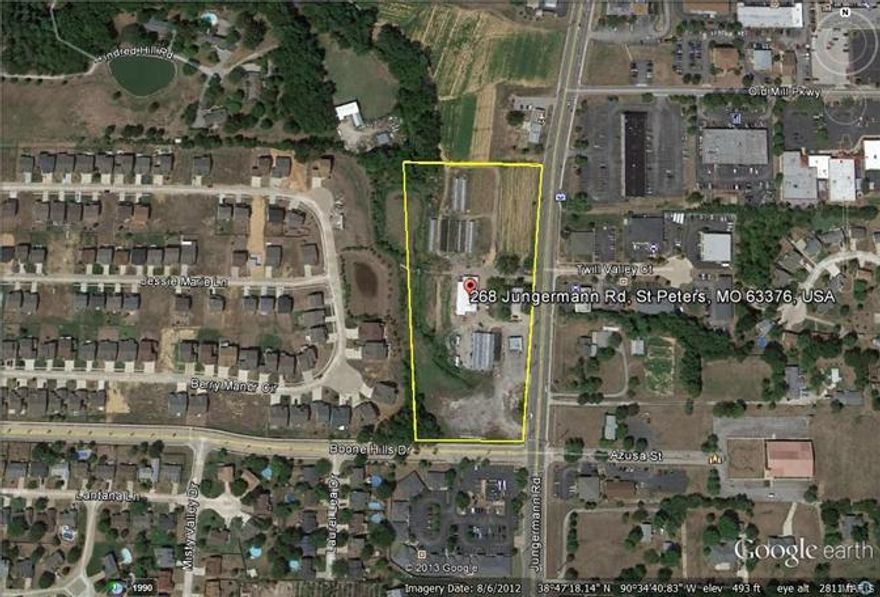 C-3 zoned commercial development property consisting of 7.49 acres m or l w/ 880 ft. of frontage on Jungermann Rd. w/ high visibility & traffic count. See attached aerial photo & potential C-3 land use regulation from city of St. Peters. Current use is nursery & retail produce w/ greenhouses. Just reduced again to $4.50 per foot.  With all the medical facilities nearby, great potential for nursing home or other medical buildings. 2.483 acres was sold off of this piece on 11/15/16 for a total of $373,929 leaving remaining unencumbered 5 acres for sale at $5.00 per foot for a total of $1,089,000.00. Will be inserted in MLS within the next wee. See listing agent for meantime details. Location: City, Corner Location, High Traffic