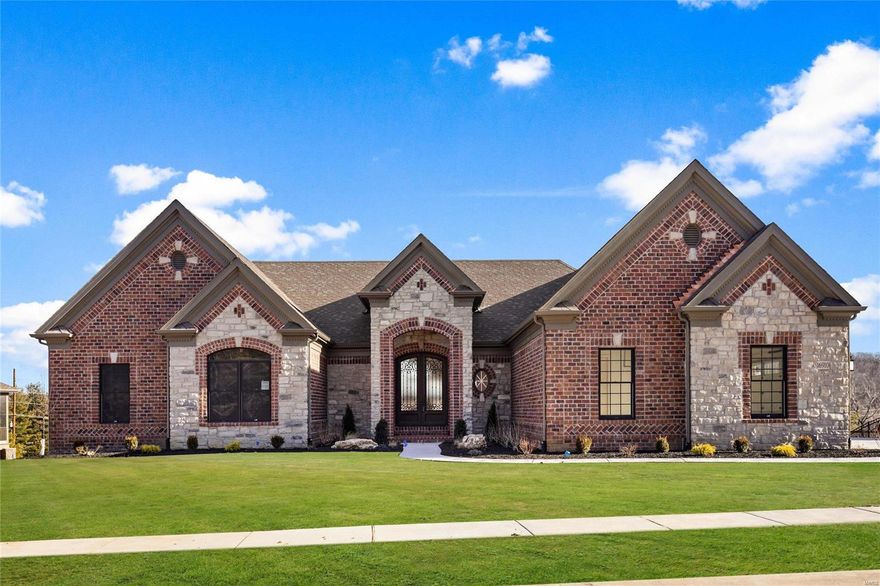 LOCATION -LOCATION -LOCATION- Chesterfield- Rockwood schools!  Wes Byrne, owner of Claymont Development LLC, has recently completed an inventory home on his last lot at The Arbors at Kehrs Mill. All that is left to do is a punch list and sod- and this stunning 4700 Total sq. Ft.  home can be yours! The Melrose ll is a 5 Bedroom/5.5 Bath Atrium Ranch with an open plan. Two Gas Fireplaces, Vaulted Ceilings, Inverted Vaults, 10’ Ceilings, Open Stairs w/ Iron balusters and more   compliment this home with 8’ Interior Doors throughout. Exceptional Trim detail in this home is a testimonial to the builder’s talents and the value he includes in every home he builds. Includes Chef’s Kitchen with designer 42” staggered, soft close cabinets, and an 8’ Island.  A Hearth Room, Finished LL, Master Suite with all the bells and whistles-plus much more. Must see to believe!
**Photos shown are to demonstrate floor and quality of completed work** Additional Rooms: Sun Room