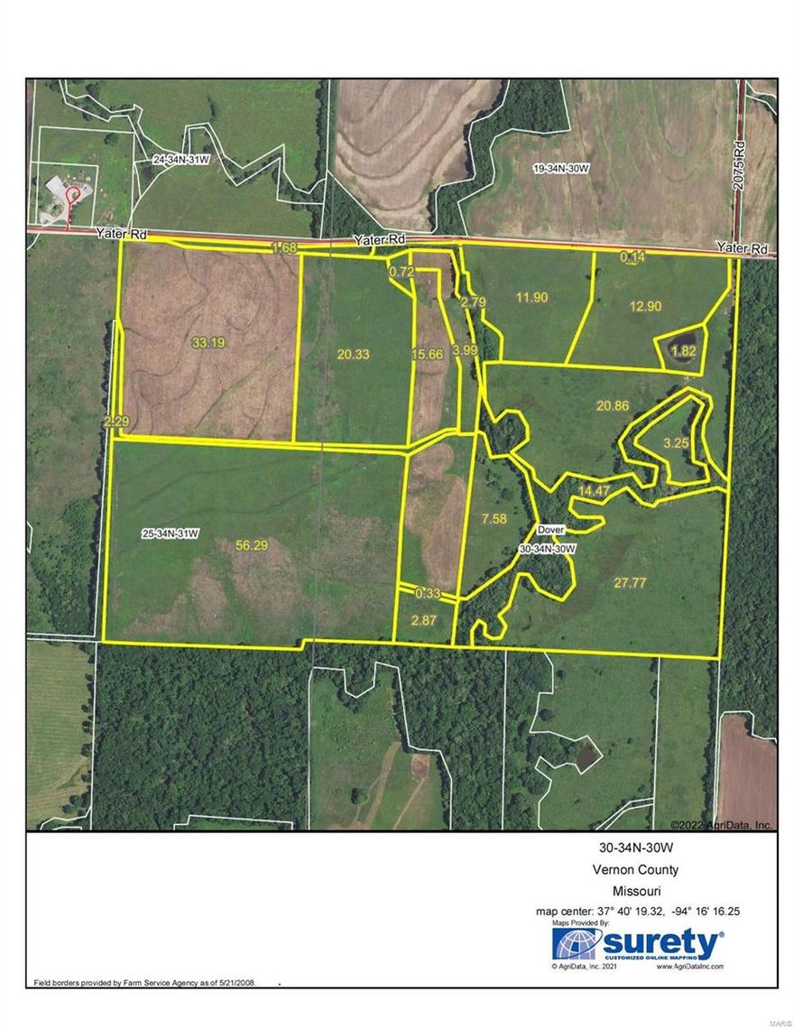 240 acres Vernon - 140 total acres can be tillable consisting of Class II soils. 73.9 acres of the tillable acres are currently enrolled in CRP and expire October 1st, 2022. The owner has a three year lease in place paying $22,000 for 2022 and $34,000 for 2023 and 24. The remaining balance of the farm consists of mature timber, a live creek. Another strong feature of the property is the location, as the farm is located just east of I-49. It also has access to water and electricity.  $3950/acre.