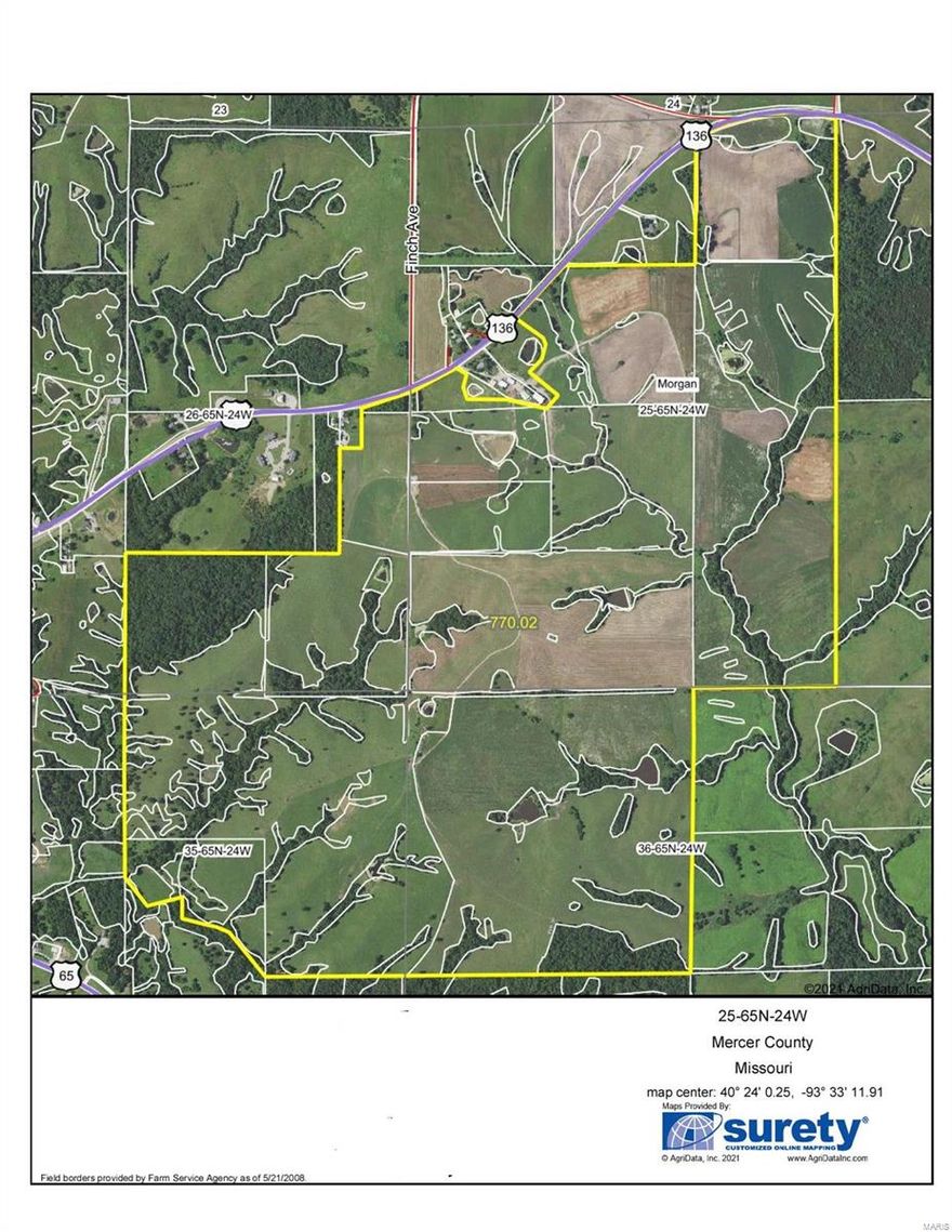 771 acres Mercer - This farm consists of 771 acres with 11 ponds and 7 waterers. The pasture and hay ground are a mix of alfalfa, clover, brome, timothy, and orchard grass.  There is 617.63 cropland acres per the 156EZ. The owner has a 5 year lease paying $210/acre, acres to be put into production is being negotiated and a hunting lease paying $12.50.  $4084/acre.