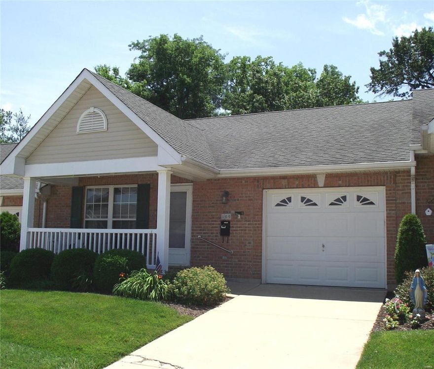 OVER 55 COMMUNITY. LOCATION, LOCATION in the heart of Wentzville, walking distance to the Senior Center. Classically designed with comfort and convenience in mind. A living room with plenty of room for big comfortable chairs, sofa, and a electric fireplace for that cozy touch. Eat in Kitchen with great views of the wooded back yard, and finally enough cupboard space. Fully equipped with dishwasher, electric range, refrigerator and they all stay. Quiet separate two bedrooms all bright and airy. The bathroom designed with safety in mind, and a  nice size walk in shower. Main floor laundry. Covered back porch with room for chairs and out door visiting. Lower level ready for that shop, or hobby room you always wanted or, just a great place for storage. Wow a garage lined with nice upper and lower cabinets, very handy.  Relax and enjoy life, and no grass cutting anymore. Isn't it your time, how about right now to make the move? Some Accessible Features Location: City, Ground Level, Interior Unit