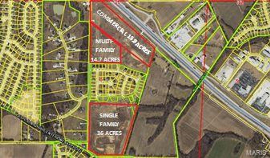 Great Investment Opportunity.  63 Acres of Prime Development property currently approved for 13 Acres Commercial, 15 Acres High Density Multi-Family and 35 Acres Single Family Residential.   Hwy 61 frontage and visibility to site.  3/4 mile South of new Hwy Interchange on the South edge of Troy.  All city utilities available to site.  Property has been surveyed and some engineering has been done for site. Location: City, High Traffic, Hwy/Interstate Frntg