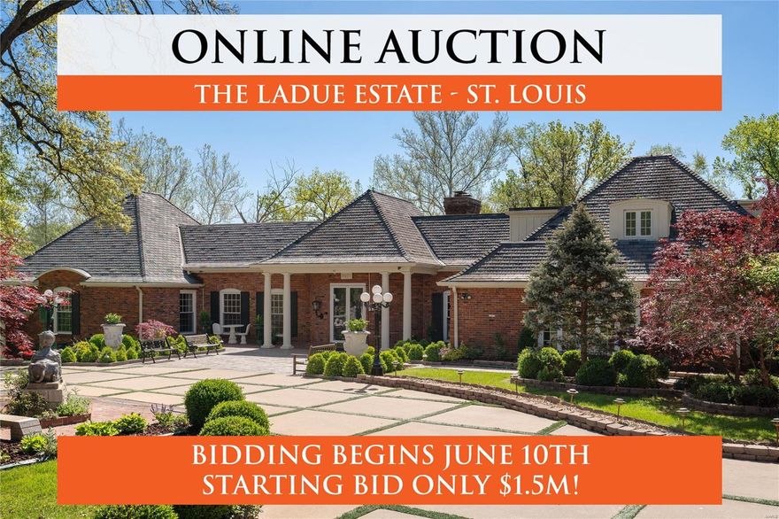 Seller offering property via online auction. Bid online beginning Mon 6/10 with a starting bid of $1,500,000. Preview weekend begins Fri 6/7 to view this magnificent multi-generational style estate. Situated on 3± acres in esteemed Ladue, the home offers 6 bedrooms, 8 full baths, and 5 half baths. The private owner’s wing includes 2 full baths, 2 home offices, a sitting room, and 3 walk-in closets. The home features a gourmet kitchen and breakfast room with stunning views of the estate grounds, multiple entertainment spaces, and high-end finishes throughout. The meticulously landscaped property boasts resort-style facilities including an all-season indoor pool and clubhouse with a full kitchen, 2 baths, sauna and steam shower, a two-story gym, lighted sport court, a 2-story guest house, multiple garages, and an outdoor kitchen. The grounds feature stylish fountains, a turf-paver driveway and exquisite lighting. Contact agent or Interluxe.com for full terms and conditions of the sale. Additional Rooms: Sun Room