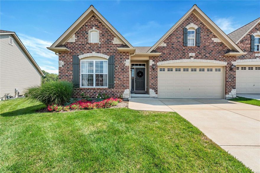 Tremendous, low maintenance villa right in the heart of #EurekaMO! Beautiful curb appeal with prof. landscaping, full brick & stone front & cul-de-sac setting. Walk in to a well designed floorplan that flows seamlessly & makes full use of the 2,000 sq ft. Sellers spared no expense w/solid wood floors, upgraded fixtures, vaulted ceilings, recessed lighting, neutral carpets & more. Gourmet, eat-in kitchen includes 42 in maple cabinets, granite counters, breakfast bar, SS appliances & dual wall ovens. Spacious family room accented w/full stone gas fireplace. Dining room can be a multi purpose space & remains open to the rest of the living area. Main floor MB suite provides room for any size furniture & complete w/updates master bath w/glass enclosed shower & dual vanities. 2 add. BR's on the main level share a 2nd full bath. Front room can be used as an office or closed in for an optional 3rd BR. LL has rough in & ready for finishing. Composite deck, fenced yard, walk to downtown Eureka!