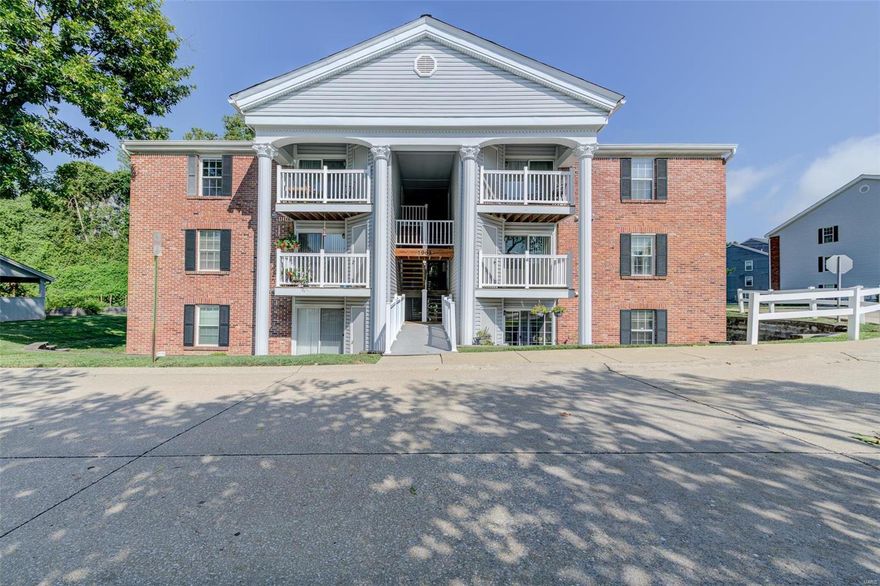 Open concept top floor condo with vaulted ceilings (no one living above you!). Two bedrooms, two full baths, large living room with covered deck overlooking the pool. Beautiful laminate wood plank flooring throughout the condo---no carpet here! Eat -In Kitchen offers lots of counter and cabinet space. Two 12x11 bedrooms with triple door closets and ceiling fans. In-unit washer and dryer as well as refrigerator stay with the condo. One assigned covered parking spot comes with the condo and there is ample open parking as well.  Located with easy access to 270 & 364, close to shopping, dinning and Creve Coeur Park. Condo fee includes water, sewer, trash, 1 covered parking spot, and access to community pool which is located just outside your building. Owner occupants only for this complex. Location: End Unit, Upper Level
