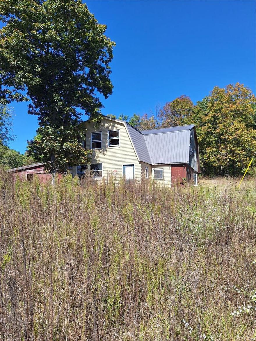 "Great bones". Bonus is  5 acres, just about 2 miles off the highway. Nice, old red barn, some fencing & an old grain bin w an add-on shed.  Lots of character and uniqueness, 4 bdrm, 2 bth home, w a metal roof. This place has a lot of potential.  Handyman special! Public water, it has a septic tank, I've been told. Also, the property has a natural spring running through it. Buyer to verify utilities, septic and school district. Seller request Buyer to close with Pike County Title.