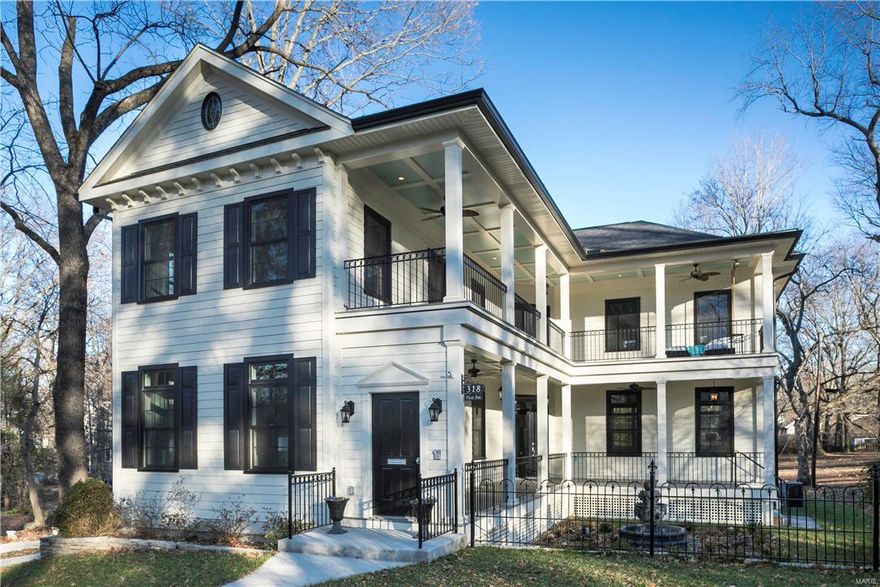 INCREDIBLE NEW PRICE! Newly constructed Charleston inspired home blends seamlessly into the Webster Groves community.Behind the Charleston style entry and covered porch which leads you to this transitional felling home.The bright white kitchen has quartz counters,42” glass front cabinets,built-in double ovens, stainless appliances.The hearth room opens to an amazing outside deck overlooking the lush back yard. Main floor ensuite w/private bath.2nd floor mstr bdrm wing includes a fireplace & gorgeous mstr bath w/double vanity,glass shower,over-sized tub,walk-in closet & heated Carrara marble floor.2nd level porch w/porch bed sits outside the mstr wing.2 additional bdrms & full bath.2nd floor laundry.Other SIGNATURE features include 9 & 10 ft ceilings,8’doors, beamed ceilings,crown molding,wainscoting,Marvin windows,heated 2 car garage,zoned HVAC, surround sound,irrigation system for front,fountain,James Hardie siding,antique wrought iron fencing & custom lights throughout.VIRTUAL TOUR