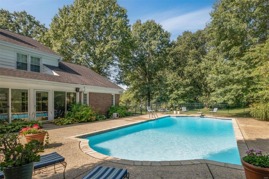 Situated on 1.35 private acres with a pool, this home is tucked into the rear of Villa Coublay on a quiet cul-de-sac. Main floor living spaces include a kitchen, family room, study, living and dining rooms, master suite with new bath and a lovely 9' x 43' sunroom overlooking the pool area and lush acreage. Four additional bedrooms on the upper plus 2 full baths. Location, location, location! Centrally located for StL's renowned hospitals, Ladue Schools and a host of premier Parochial Schools. Additional Rooms: Sun Room