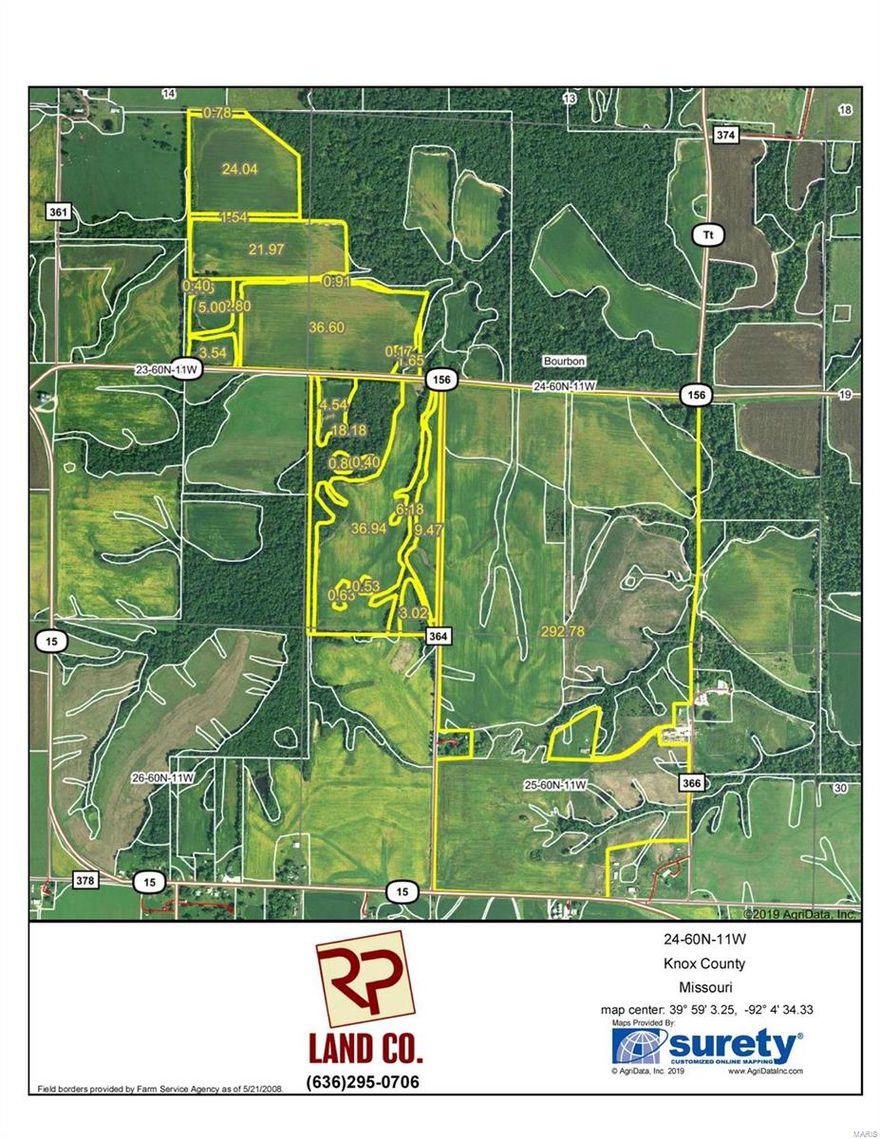459 acres Knox - Approximately 391 acres tillable with 144 FSA acres being bottom ground. 3 year farm lease paying $180 per tillable acre. The remainder is woods and wooded draws and waterways and 2 small ponds Hwy 156 runs between the northern tract and the main farm. Highway 15 runs along the southern border of the farm.The Little Fabius River runs through the north east corner of the farm.  $3950/acre.