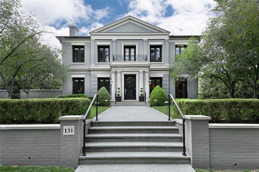 Stunningly handsome residence with stately presence on premier street in Old Town Clayton! This outstanding home is situated on one of only a few 100 foot wide lots. 10 ft ceiling heights, 8 ft doors, elevator to all floors, hardwood flooring throughout, 3 gas fireplaces, radiant heated driveway, whole house Kohler generator, central vac, pool, screened porch, 3 car heated garage (2 spots tandem).  Enter through impressive 40 ft gallery hallway to find on the main level Living Rm, Dining Rm, Library, Family Rm open to Kitchen with Butler's Pantry, 2 half baths. Screen porch, covered terrace and side terrace.  Upstairs has 3 bedrm suites and laundry. Expansive balcony terrace off large primary suite with remote control awning  Huge closets. 20 sets of Marvin French doors, most w Phantom screens. Lower Level features 4th Bedroom w walk out door, Kitchenette,  Full Bath, Family Room, built in Office, Laundry, and Garage access. 22 x 16 Gunite pool, limestone fountain, lovely fenced yard.