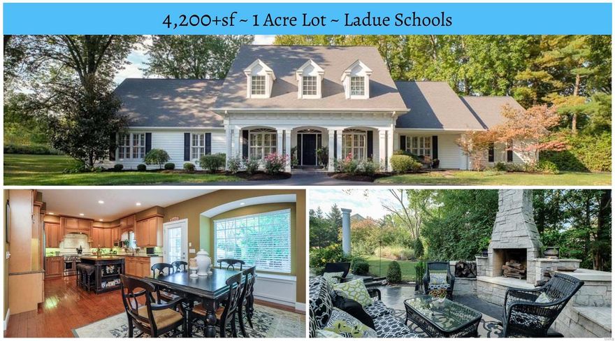 Can't believe this one is still available! Charming Cape Cod on 1 acre in Ladue Schools, 2nd floor added & plus a bump out addition in 2006, main floor master suite with soaking tub & separate shower, additional den or possible bedroom/nursery on 1st floor, main floor laundry room, separate formal LR & DRs with cool custom arches & very open, main floor family room with another fireplace, perfect chef's kitchen with wonderful cabinets, granite, great appliances with center island breakfast bar & open to breakfast room with box bay overlooking huge stamped concrete patio with outdoor fireplace & ideal yard for a private pool. 2 separate ensuite bedrooms upstairs plus game room & another family room(easily a 5th bedroom). Stunning circle drive, smart investment on private street with many multi-million dollar $$$ homes recently built or under construction now. 4297 sq ft. This one is move in ready!