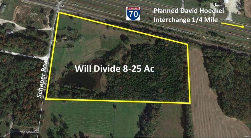 Beautiful 25 Ac site to be located in Wentzville, the "Crossroads of the Nation". Great access and visibility for a destination site, office or medical campus. Includes 4 ac lake. 1,300' I-70 frontage to 61K+ vehicles per day. Zoning designated commercial by Wentzville Master Plan. David Hoekel Interchange, 1/4 mile east.