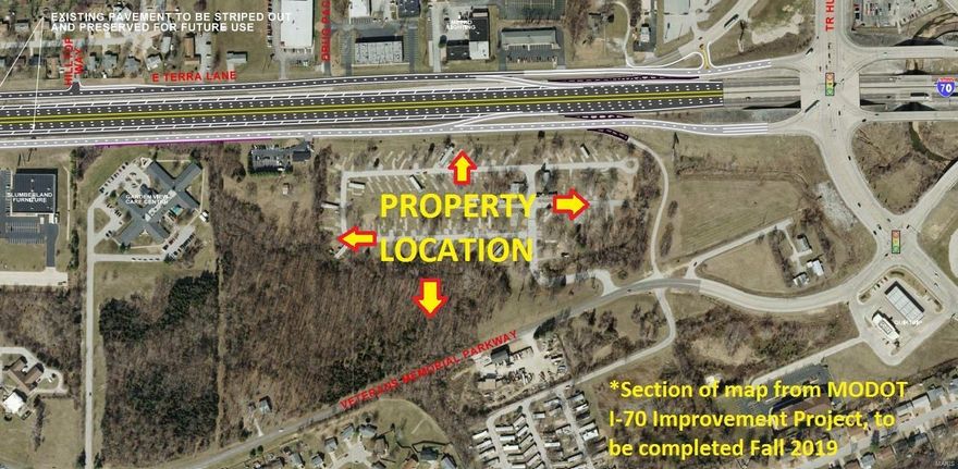 Amazing Development Opportunity! 22+/- Acres with frontage along I-70 south outer road, and also along Veterans Memorial Pkwy.  Located next to new interstate ramp for huge traffic counts and great access.  Amazing visibility to I-70. Near & visible from the SouthWest corner of I-70 & TR Hughes Blvd.  MODOT has approved new entrance & curb cut onto the south outer road, which is ready for installation.  Additional, existing entrance from Veterans Memorial on South side of property. Unincorporated parcel in St. Charles County! Over 1,100' of Frontage Along the South Outer Road.  Over 1,300' of Frontage along Veterans Memorial Blvd.