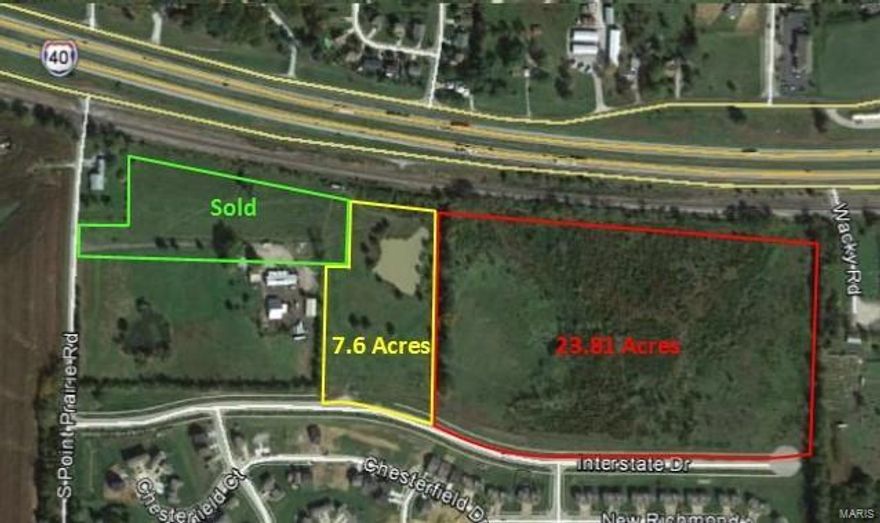 Development Land For Sale

• 31.41 Acres (Yellow & Red outlined areas)
• Additional 10 Acres Available (Blue area)
• All public utilities on site (sanitary, water, gas, electric & storm)
• Gravity flow sanitary sewers
• Gently sloping to level topography—easy to develop
• Site lays parallel to Highway 70 offering 1,700+ feet of road
frontage along (Interstate Drive & Highway 70)
• Interstate Drive to connect to the East at Highway Z (2017)
• Diamond Interchange to be constructed 1/2 Mile to the West (2018)
• Site has been rezoned to (Planned Development / Mixed-Use)
• Site has been approved for single/multiple industrial buildings (upto 220,000 s/f) with the ability to expand.
• Wentzville—fastest growing city in the State of Missouri Location: High Traffic, Hwy/Interstate Frntg