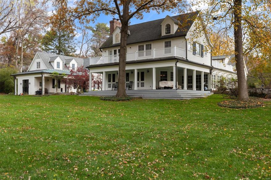 Nestled in the heart of Ladue, this breathtaking estate sits on nearly 3 acres of private, wooded grounds. Originally a 1910 farmhouse, the home has been Extensively Renovated & Expanded w most Newer construction—yet well thought out for Today's Lifestyle. Rich architectural details thruout. The Spacious living rm & dining rms open to All Season Heated Porch w/ frpl. The Kitchen & Hearth room are ideal for living & entertaining w/ multiple doors to charming back porch overlooking lot.2 main flr offices or den for more living spaces. The Primary suite offers vaulted ceilings, a fireplace, French doors private balcony, a dressing room, & a lux en suite bath.3 add en suites on second flr.Hardwood floors, soaring ceilings, & fine finishes reflect craftsmanship rarely seen today. The property includes a stunning pool/full bath/potential kitchenette.Newer 3+ car garage includes add room for office, exercise rm or bedrm w/ half bath. Above garage is large attic that could easily be finished.